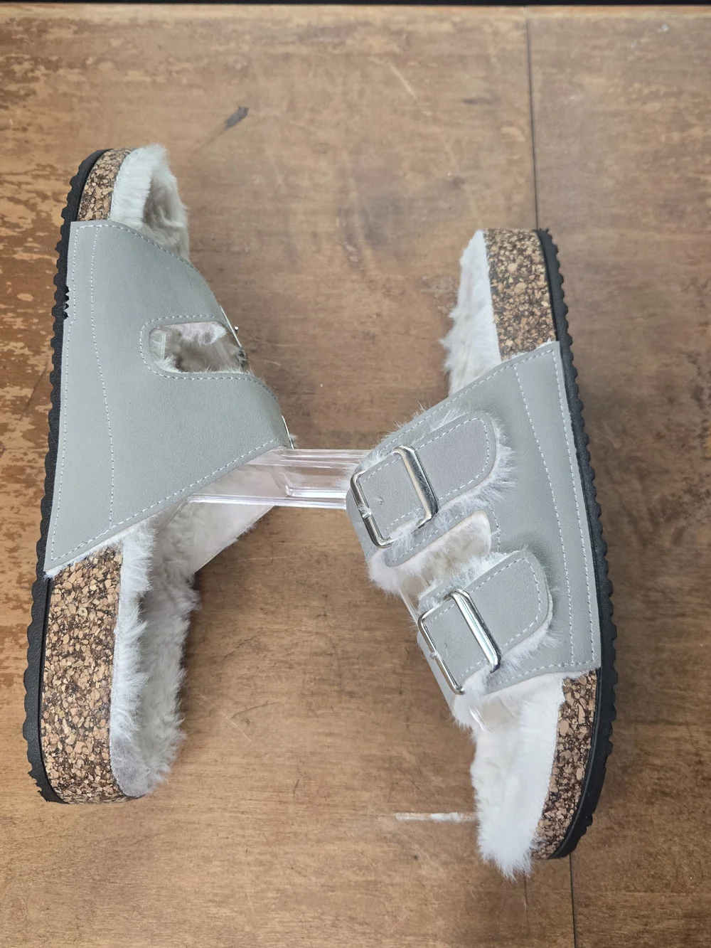 Nicole Miller Womens Gray Two Strap Faux Shearling Cork Slides Sz 8